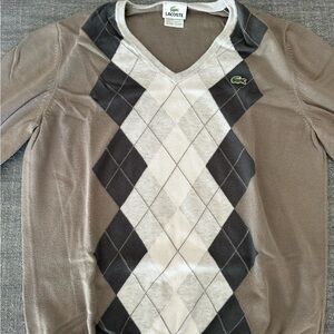 Lacoste Men's V-Neck Argyle Sweater - Brown and Gray